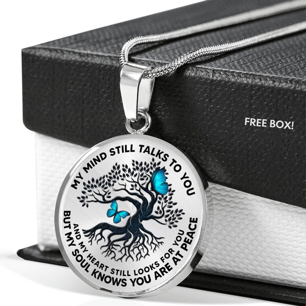 JL2507001 My Mind Still Talks To You Blue Butterflies Black Tree Of Life Luxury Necklace with Back Engraving