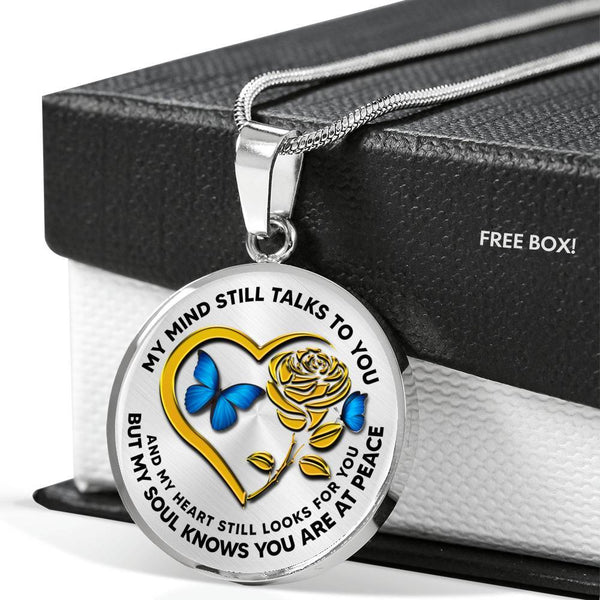 B0708096 My Mind Still Talks To You Blue Butterflies Gold Rose And Heart Shape Luxury Necklace with Back Engraving