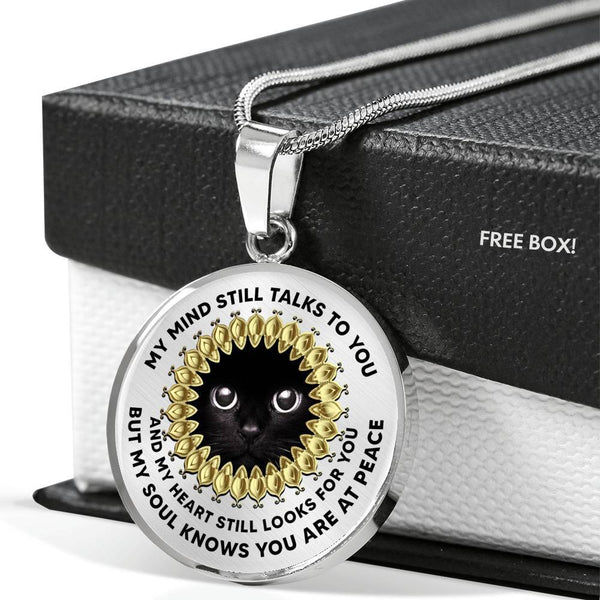 My Mind Still Talks To You Black Cat Gold Floral Mandala Luxury Necklace with Back Engraving