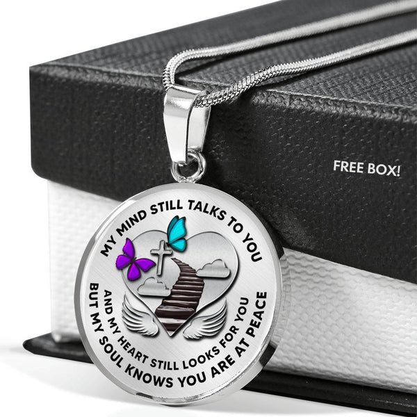 B07130014 My Mind Still Talks To You Purple And Turquoise Butterflies Stair Way To Heaven With Silver Cross Luxury Necklace with Back Engraving