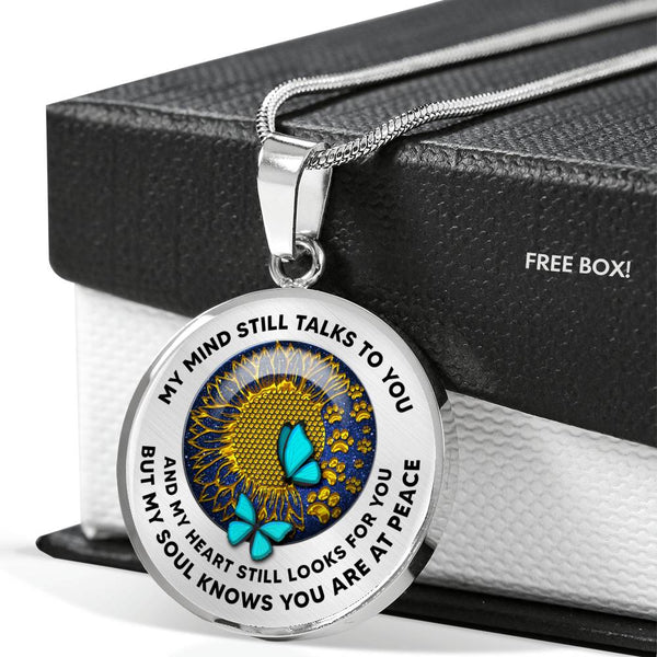 JL1707018 My Mind Still Talks To You Turquoise Butterflies Golden Sunflower And Paws Luxury Necklace with Back Engraving