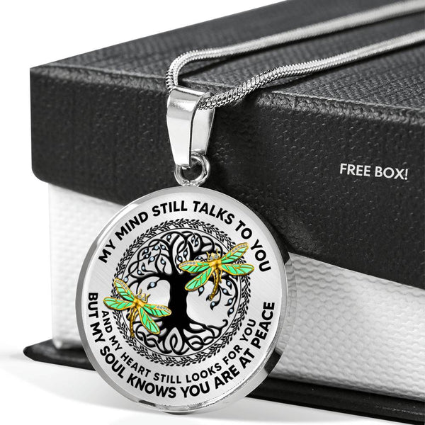 AG0608105 My Mind Still Talks To You Golden Dragonflies Black Celtic Knot Tree Of Life Luxury Necklace with Back Engraving