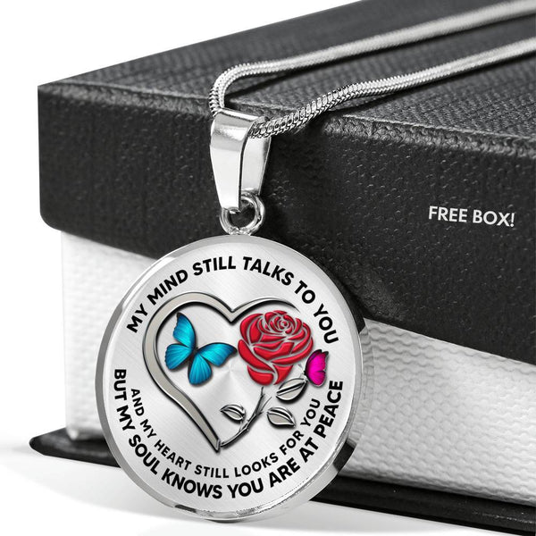 B0708072 My Mind Still Talks To You Turquoise And Pink Butterflies Rose And Silver Heart Shape Luxury Necklace with Back Engraving