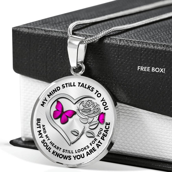 B0708102 My Mind Still Talks To You Pink Butterflies Silver Rose And Heart Shape Luxury Necklace with Back Engraving