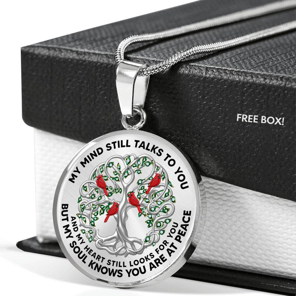 JL2407105 My Mind Still Talks To You Red Cardinals Celtic Tree Of Life Green Leaf And Diamond Luxury Necklace with Back Engraving