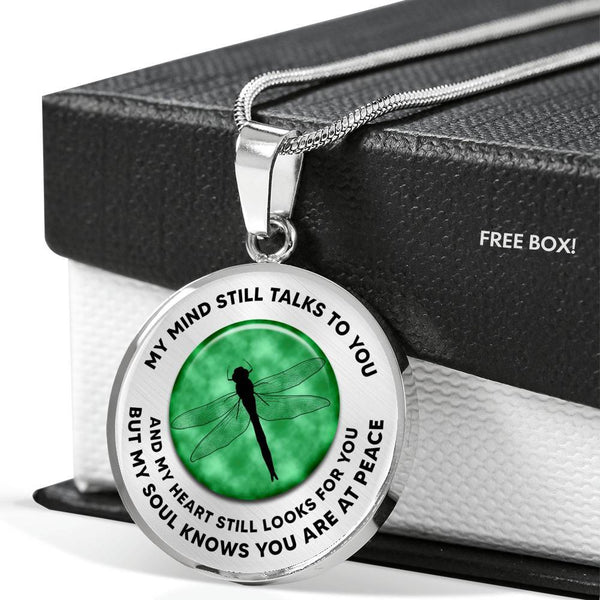 TM0041 My Mind Still Talks To You Dragonfly Silhouttte Green Circle Luxury Necklace with Back Engraving