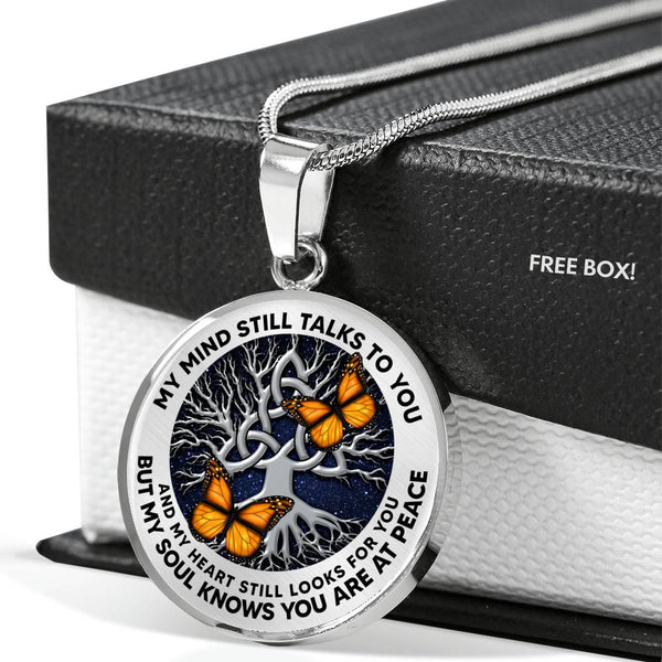 AG0608023 My Mind Still Talks To You Orange Monarch Butterflies Silver Celtic Knot Tree Of Life And Galaxy Luxury Necklace with Back Engraving