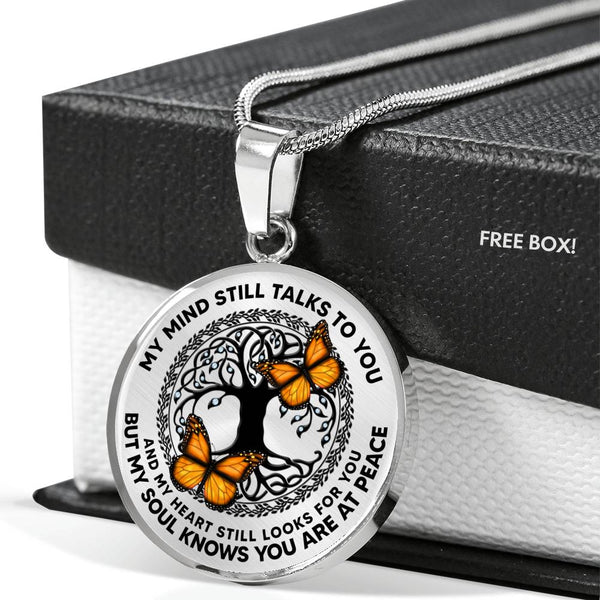 AG0608047 My Mind Still Talks To You Orange Monarch Butterflies Black Celtic Knot Tree Of Life Luxury Necklace with Back Engraving