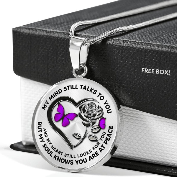 B0708022 My Mind Still Talks To You Purplpe Butterflies Black Rose And Heart Shape Luxury Necklace with Back Engraving