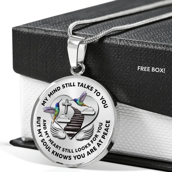 H0713001 My Mind Still Talks To You Turquoise Hummingbirds Stair Way To Heaven With Silver Cross Luxury Necklace with Back Engraving
