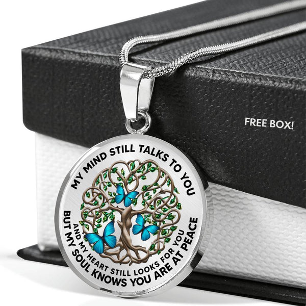 JL2407012 My Mind Still Talks To You Blue Butterflies Brown Celtic Tree Of Life Green Leaf Luxury Necklace with Back Engraving