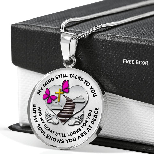 B0713019 My Mind Still Talks To You Pink Butterflies Stair Way To Heaven With Gold Cross Luxury Necklace with Back Engraving