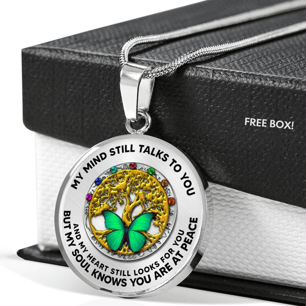 B0706049 My Mind Still Talks To You Green Butterflies And Seven Chakra Tree Of Life Luxury Necklace with Back Engraving