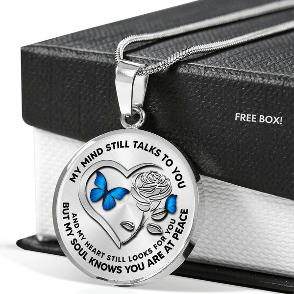 B0708031 My Mind Still Talks To You Blue Butterflies Silver Rose And Heart Shape Luxury Necklace with Back Engraving