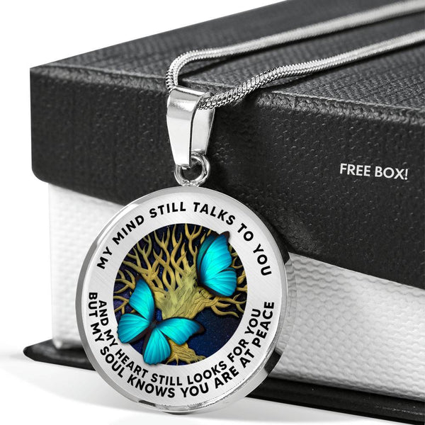 B0706012 My Mind Still Talks To You Turquoise Butterflies Tree Of Life Luxury Necklace with Back Engraving