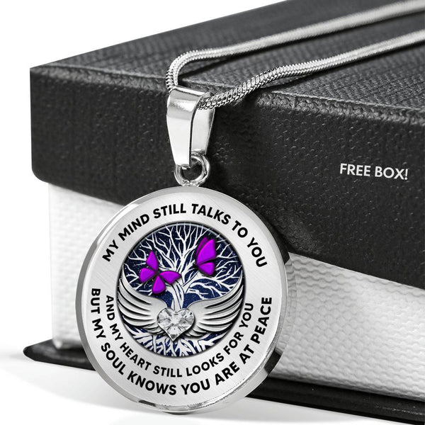 B0713018 My Mind Still Talks To You Purple Butterflies Silver Tree Of Life With Heart Wings Luxury Necklace with Back Engraving