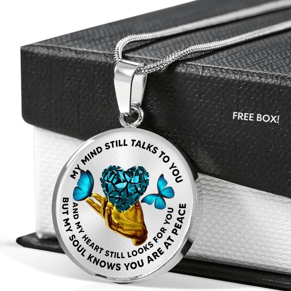 TM0047 My Mind Still Talks To You Blue Butterfly Broken Heart Golden Hand Luxury Necklace with Back Engraving