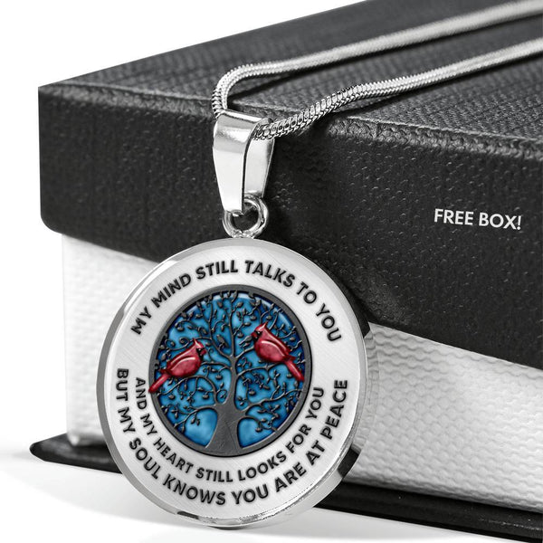 VT0032 My Mind Still Talks To You Cardinal Bird Tree Of Life Blue Background Luxury Necklace with Back Engraving