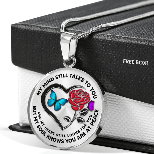 B0708078 My Mind Still Talks To You Turquoise And Purple Butterflies Rose And Black Heart Shape Luxury Necklace with Back Engraving