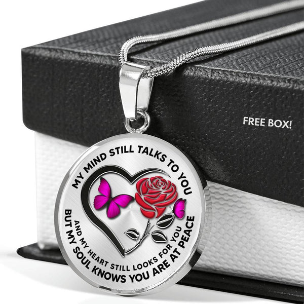 B0708074 My Mind Still Talks To You Pink Butterflies Rose And Black Heart Shape Luxury Necklace with Back Engraving
