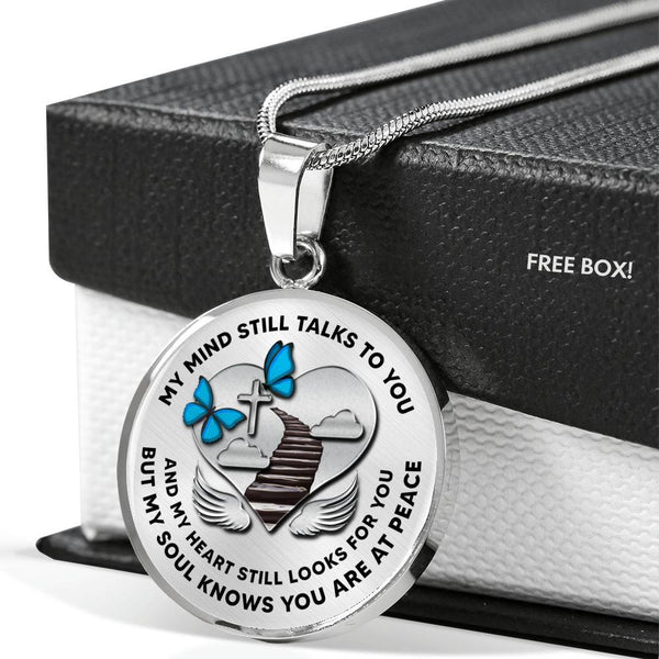 B0713009 My Mind Still Talks To You Blue Butterflies Stair Way To Heaven With Silver Cross Luxury Necklace with Back Engraving