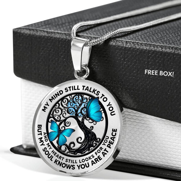 AG0408003 My Mind Still Talks To You Blue Butterflies Black Tree Of Life And Moon Luxury Necklace with Back Engraving