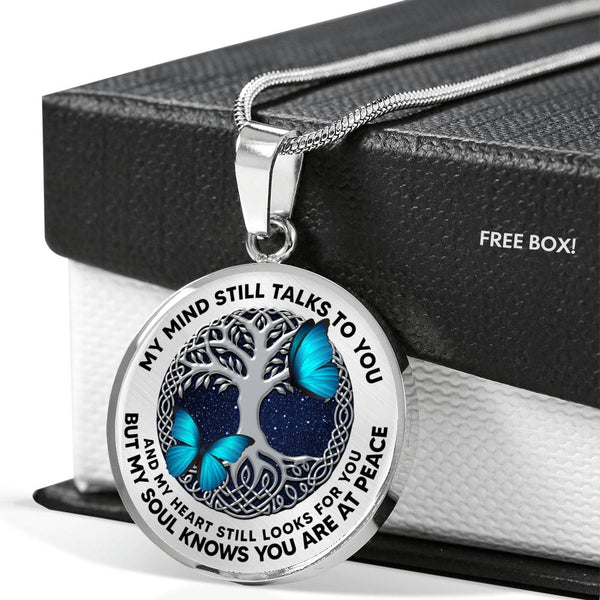 AG0608012 My Mind Still Talks To You Blue Butterflies Silver Celtic Knot Tree Of Life Luxury Necklace with Back Engraving