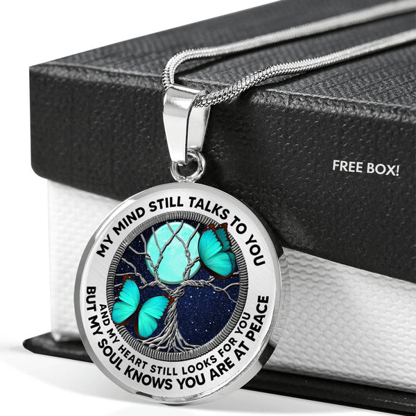 AG0608076 My Mind Still Talks To You Turquoise Butterflies Silver Moon Tree Of Life And Galaxy Luxury Necklace with Back Engraving