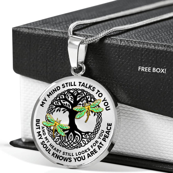 AG0608108 My Mind Still Talks To You Golden Dragonflies Black Celtic Knot Tree Of Life Luxury Necklace with Back Engraving