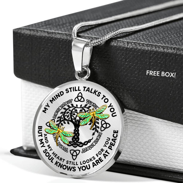 AG0608102 My Mind Still Talks To You Golden Dragonflies Black Celtic Knot Tree Of Life Luxury Necklace with Back Engraving