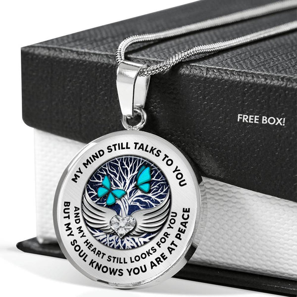 B0713005 My Mind Still Talks To You Turquoise Butterflies Silver Tree Of Life With Heart Wings Luxury Necklace with Back Engraving