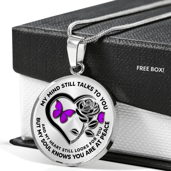 B0708115 My Mind Still Talks To You Purple Butterflies Black Rose And Heart Shape Luxury Necklace with Back Engraving