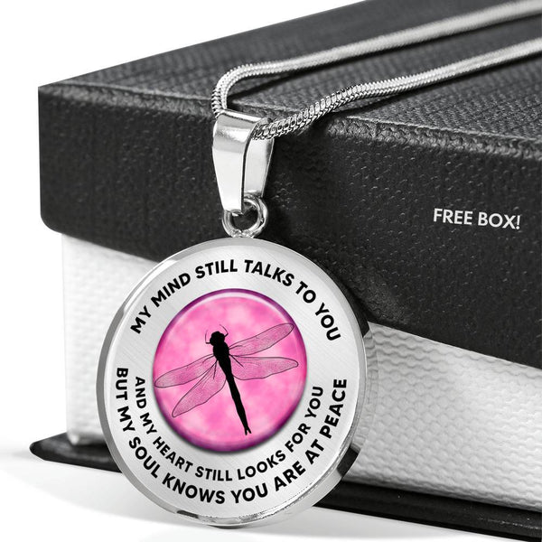 TM0037 My Mind Still Talks To You Dragonfly Silhouttte Pink Circle Luxury Necklace with Back Engraving