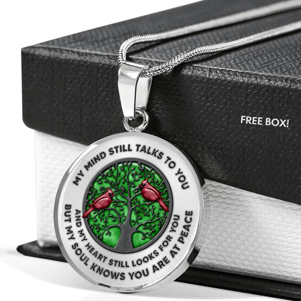 VT0028 My Mind Still Talks To You Cardinal Bird Tree Of Life Green Background Luxury Necklace with Back Engraving