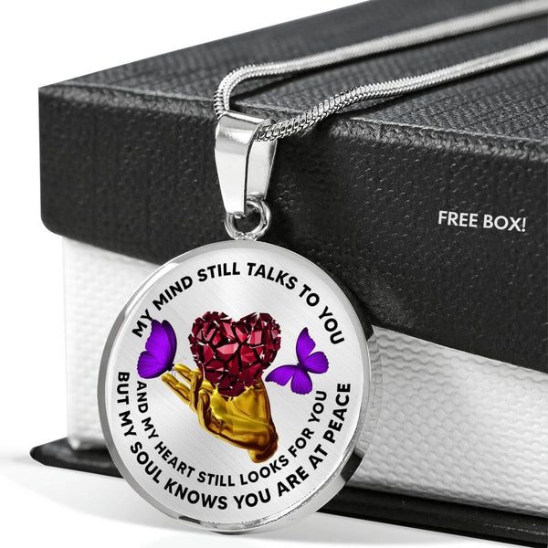 TM0051 My Mind Still Talks To You Purple Butterfly Red Broken Heart Golden Hand Luxury Necklace with Back Engraving