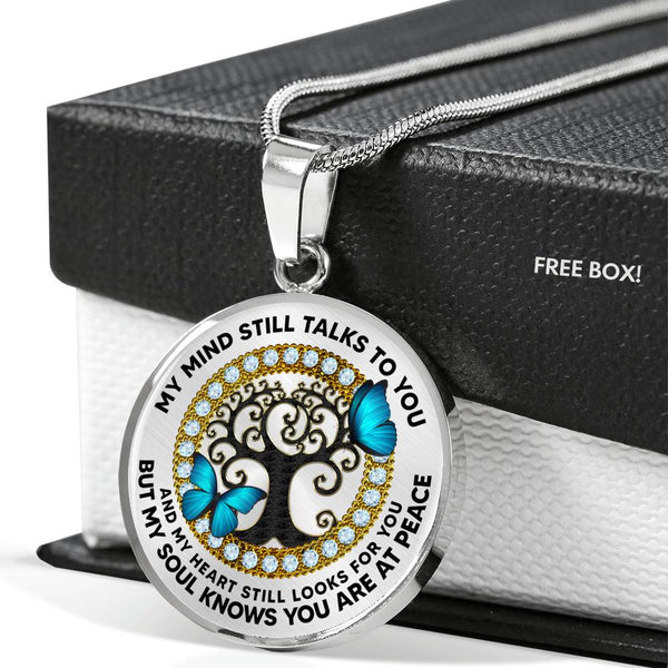 JL2407022 My Mind Still Talks To You Blue Butterflies And Black Tree Of Life Luxury Necklace with Back Engraving