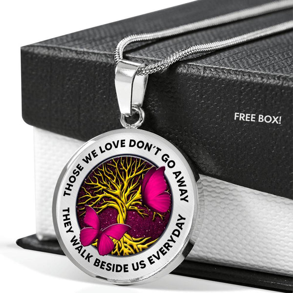 Those We Love Don't Go Away Pink Butterflies Tree Of Life TM070606 Luxury Necklace with Back Engraving