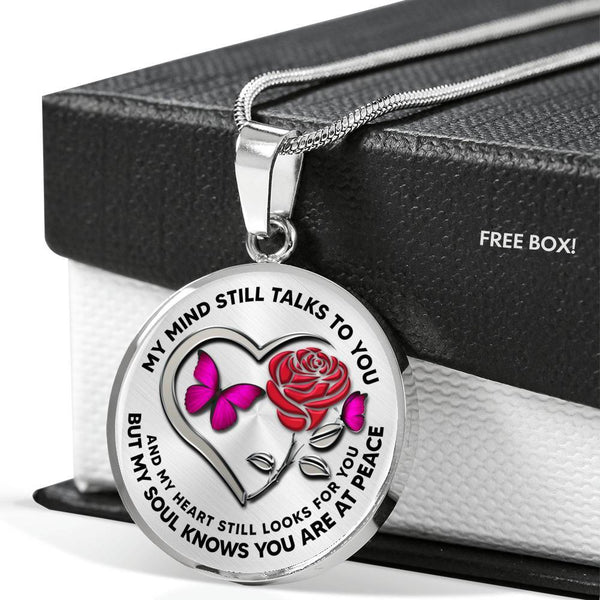 B0708067 My Mind Still Talks To You Pink Butterflies Rose And Silver Heart Shape Luxury Necklace with Back Engraving