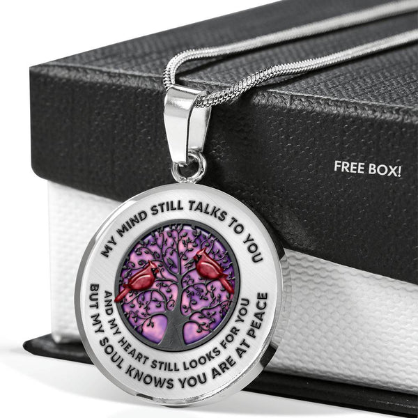 VT0031 My Mind Still Talks To You Cardinal Bird Tree Of Life Purple Background Luxury Necklace with Back Engraving