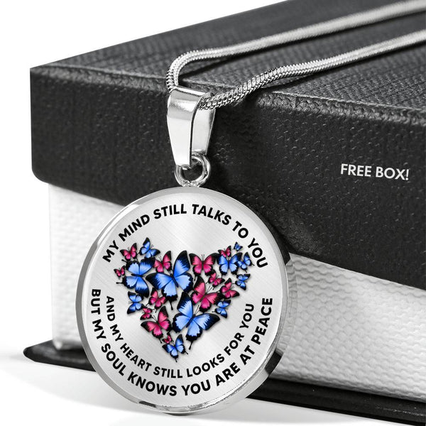 My Mind Still Talks To You Blue and Pink Butterflies Heart Shape 020520VTC08 Luxury Necklace with Back Engraving