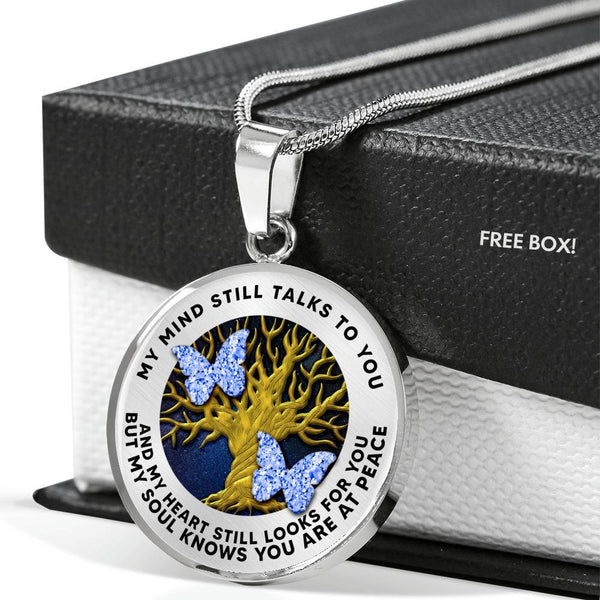 B070608 My Mind Still Talks To You Diamond Blue Butterflies Tree Of Life Luxury Necklace with Back Engraving