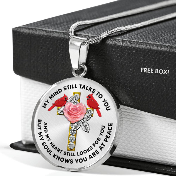 JL2007001 My Mind Still Talks To You Red Cardinals Rose Silver Cross Luxury Necklace with Back Engraving