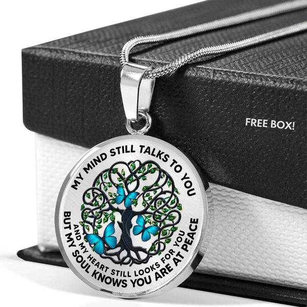 JL2407008 My Mind Still Talks To You Blue Butterflies Black Celtic Tree Of Life Green Leaf Luxury Necklace with Back Engraving