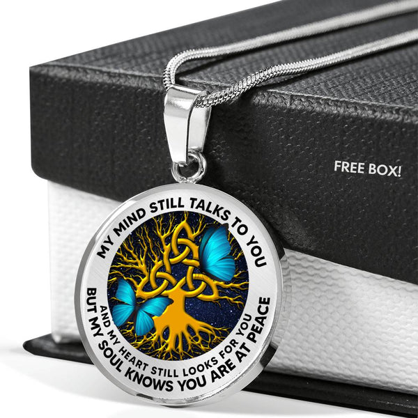 AG0608001 My Mind Still Talks To You Blue Butterflies Gold Celtic Knot Tree Of Life And Galaxy Luxury Necklace with Back Engraving