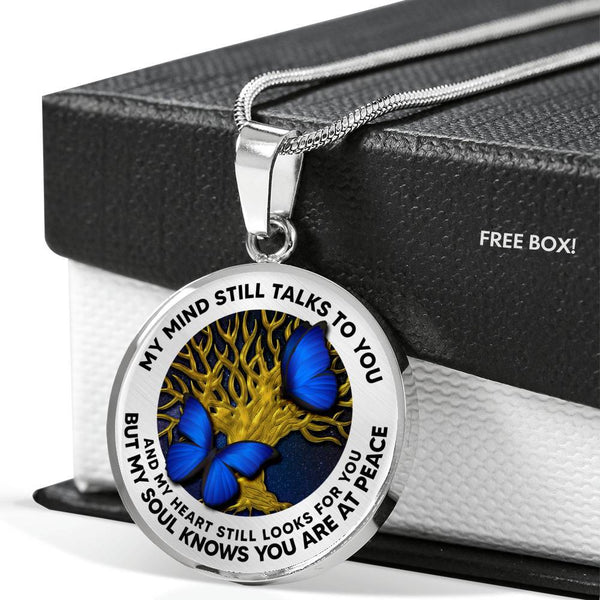 B070601 My Mind Still Talks To You Blue Butterflies Luxury Necklace with Back Engraving