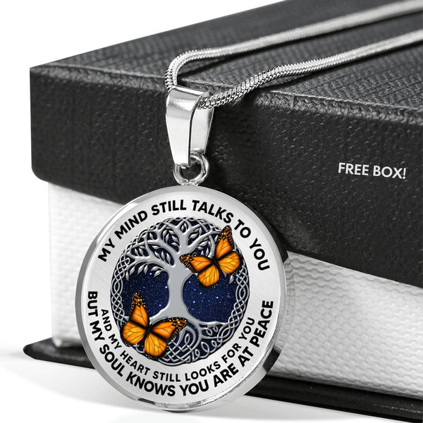 AG0608053 My Mind Still Talks To You Orange Monarch Butterflies Silver Celtic Knot Tree Of Life Luxury Necklace with Back Engraving