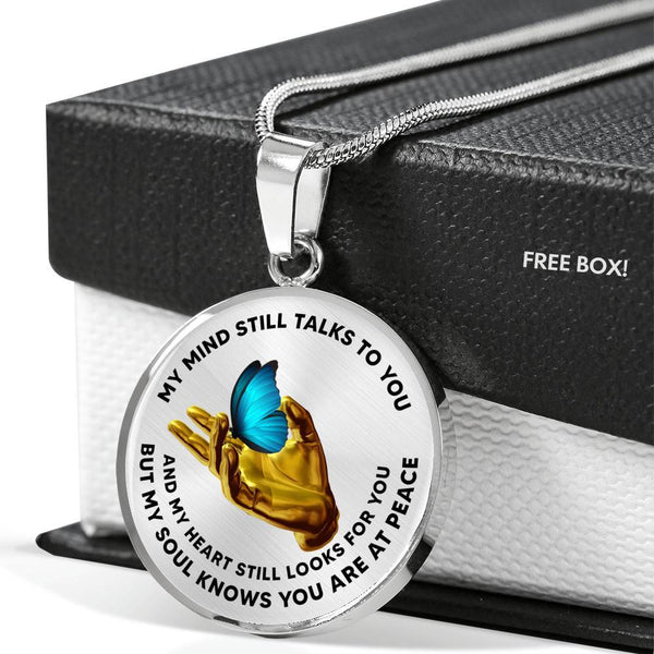 TM0046 My Mind Still Talks To You Blue Butterfly Golden Hand Luxury Necklace with Back Engraving