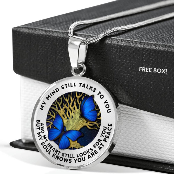 B0706014 My Mind Still Talks To You Blue Butterflies Tree Of Life Luxury Necklace with Back Engraving