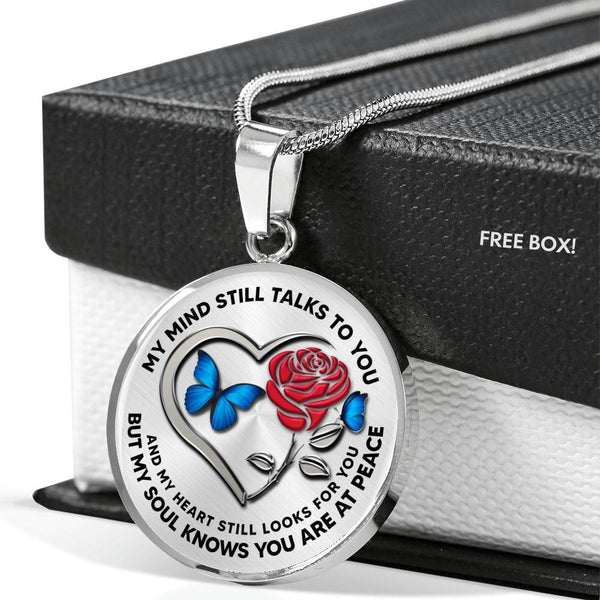 B0708068 My Mind Still Talks To You Blue Butterflies Rose And Silver Heart Shape Luxury Necklace with Back Engraving