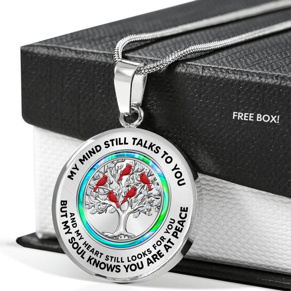 JL2307001 My Mind Red Cardinals Opal Circle Silver Tree Of Life Luxury Necklace with Back Engraving